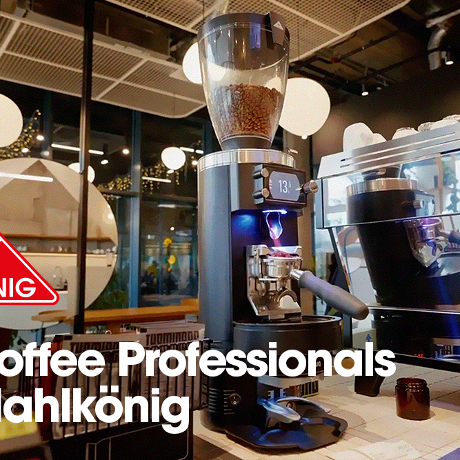Why Coffee professionals trust Mahlkönig text on cafe and grinder image