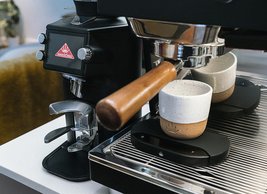 E64 WS Espresso Home Grinder next to espresso machine and sync scale